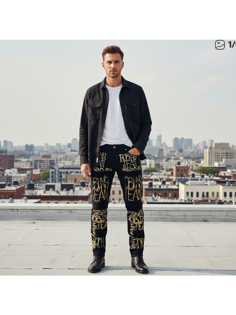 Robin’s Jean Graffiti Gold Foil Branding distressed Black Jeans size 40
